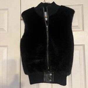 Black Mock Fur Vest (Front) and a Sweater (Back) with Faux Leather Trim - Size S